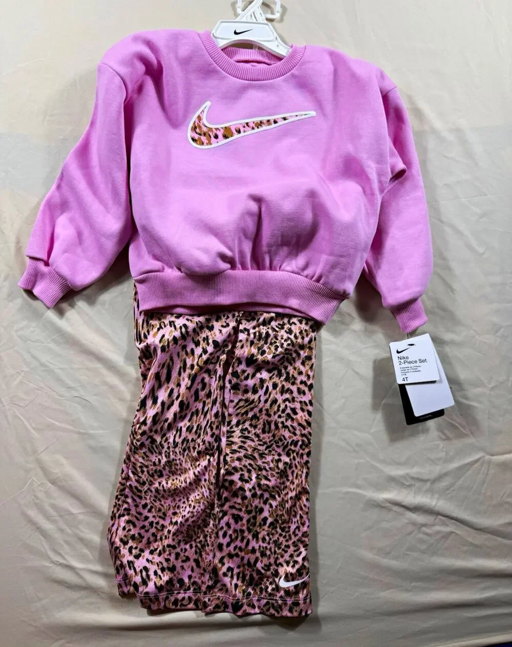 Nike Girls 4T 2-Piece Fleece Set Pink Sweatshirt & Animal Print Pants